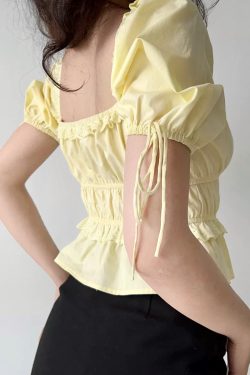 French Vintage Square Neck Puff Sleeve Lace Shirt for Women - Summer High Waist Short Top in Y2K Style