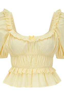 French Vintage Square Neck Puff Sleeve Lace Shirt for Women - Summer High Waist Short Top in Y2K Style