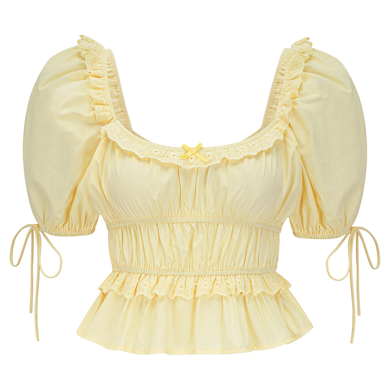 French Vintage Square Neck Puff Sleeve Lace Shirt for Women - Summer High Waist Short Top in Y2K Style French Vintage Square Neck Puff Sleeve Lace Shirt for Women - Summer High Waist Short Top in Y2K Style