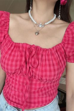 French Vintage Square Neck Puff Sleeve Raspberry Pink Short Sleeve Top - 2024 Spring/Summer Vacation Style