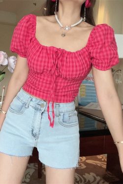 French Vintage Square Neck Puff Sleeve Raspberry Pink Short Sleeve Top - 2024 Spring/Summer Vacation Style