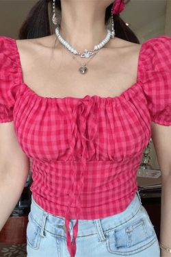French Vintage Square Neck Puff Sleeve Raspberry Pink Short Sleeve Top - 2024 Spring/Summer Vacation Style