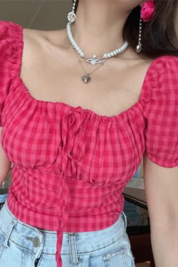 French Vintage Square Neck Puff Sleeve Raspberry Pink Short Sleeve Top - 2024 Spring/Summer Vacation Style