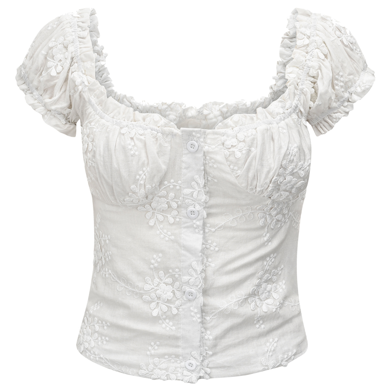 French Vintage U-neck Puff Sleeve White Embroidered Shirt for Women - Slim Fit Short Top, Perfect for Y2K and Casual Chic Style French Vintage U-neck Puff Sleeve White Embroidered Shirt for Women - Slim Fit Short Top, Perfect for Y2K and Casual Chic Style
