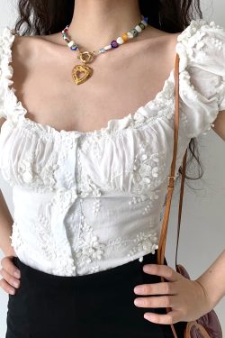 French Vintage U-neck Puff Sleeve White Embroidered Shirt for Women - Slim Fit Short Top, Perfect for Y2K and Casual Chic Style