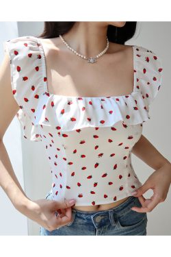 Fresh Girl Short Ruffle Collar Square Neck Strawberry Top with Puff Sleeves - Vacation Ready Women's Blouse