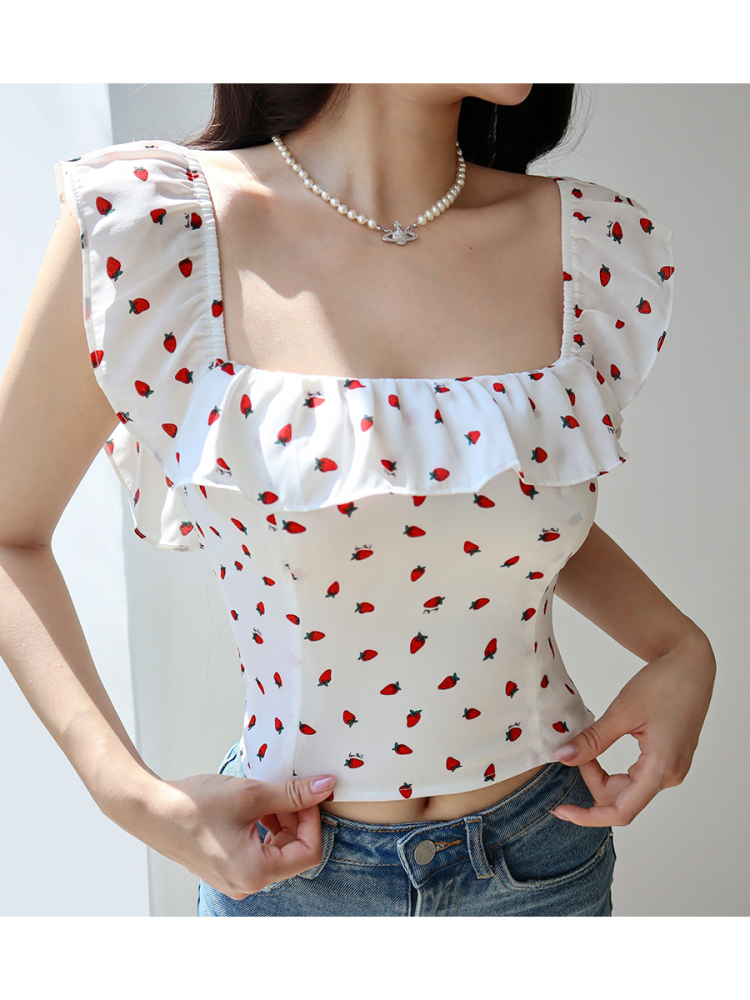 Fresh Girl Short Ruffle Collar Square Neck Strawberry Top with Puff Sleeves - Vacation Ready Women's Blouse Fresh Girl Short Ruffle Collar Square Neck Strawberry Top with Puff Sleeves - Vacation Ready Women's Blouse