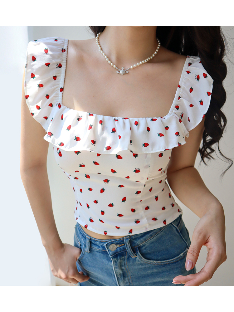 Fresh Girl Short Ruffle Collar Square Neck Strawberry Top with Puff Sleeves - Vacation Ready Women's Blouse Fresh Girl Short Ruffle Collar Square Neck Strawberry Top with Puff Sleeves - Vacation Ready Women's Blouse