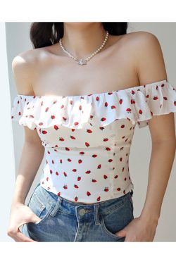 Fresh Girl Short Ruffle Collar Square Neck Strawberry Top with Puff Sleeves - Vacation Ready Women's Blouse