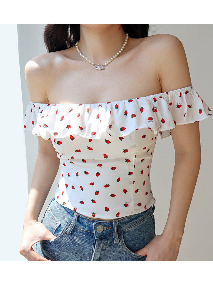 Fresh Girl Short Ruffle Collar Square Neck Strawberry Top with Puff Sleeves - Vacation Ready Women's Blouse Fresh Girl Short Ruffle Collar Square Neck Strawberry Top with Puff Sleeves - Vacation Ready Women's Blouse