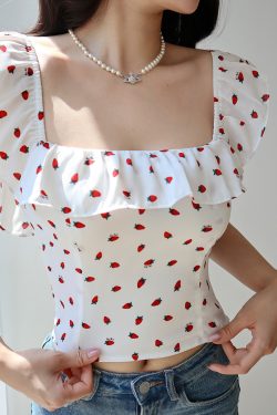 Fresh Girl Short Ruffle Collar Square Neck Strawberry Top with Puff Sleeves - Vacation Ready Women's Blouse