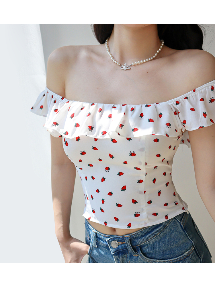 Fresh Girl Short Ruffle Collar Square Neck Strawberry Top with Puff Sleeves - Vacation Ready Women's Blouse Fresh Girl Short Ruffle Collar Square Neck Strawberry Top with Puff Sleeves - Vacation Ready Women's Blouse