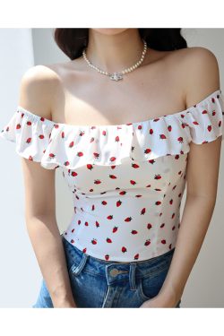 Fresh Girl Short Ruffle Collar Square Neck Strawberry Top with Puff Sleeves - Vacation Ready Women's Blouse