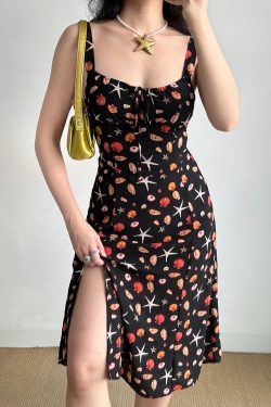 Front Tie Beach Printed Camisole Dress - Summer Mid-Length Split Dress in European and American Style, Perfect for Vacation or Casual Outings