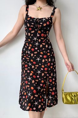 Front Tie Beach Printed Camisole Dress - Summer Mid-Length Split Dress in European and American Style, Perfect for Vacation or Casual Outings