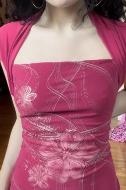 Fuchsia Retro Floral Print Fake Two-Piece T-Shirt for Women with Shoulder Bag, Waist-Cinching, Short Sleeve, Summer Style