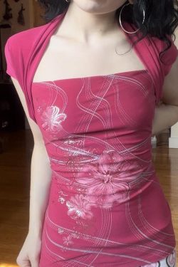 Fuchsia Retro Floral Print Fake Two-Piece T-Shirt for Women with Shoulder Bag, Waist-Cinching, Short Sleeve, Summer Style