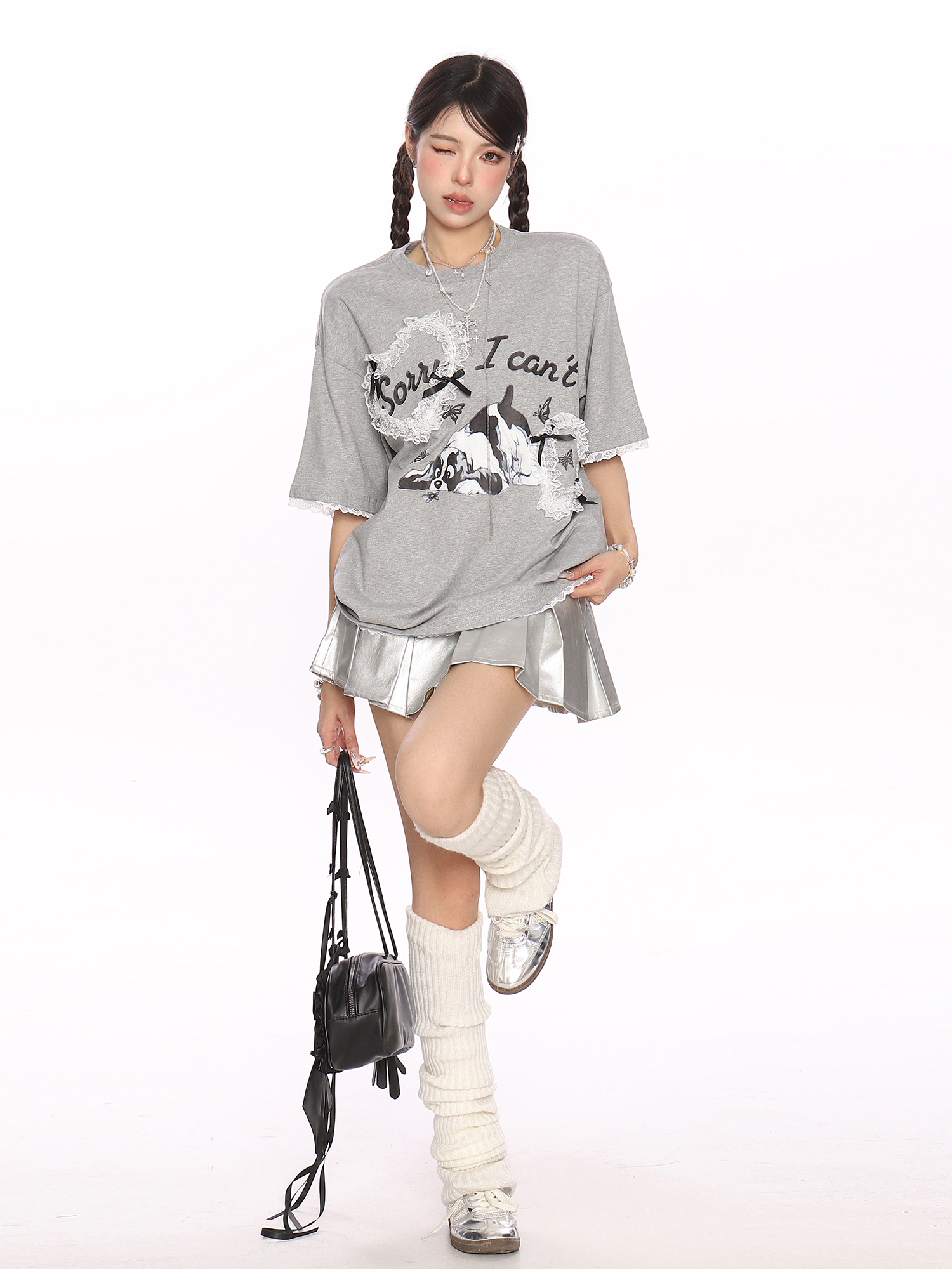 Fun Cartoon Dog Lace Trim Short Sleeve T-Shirt for Women - Summer Casual Top in Cute Y2K Style Fun Cartoon Dog Lace Trim Short Sleeve T-Shirt for Women - Summer Casual Top in Cute Y2K Style