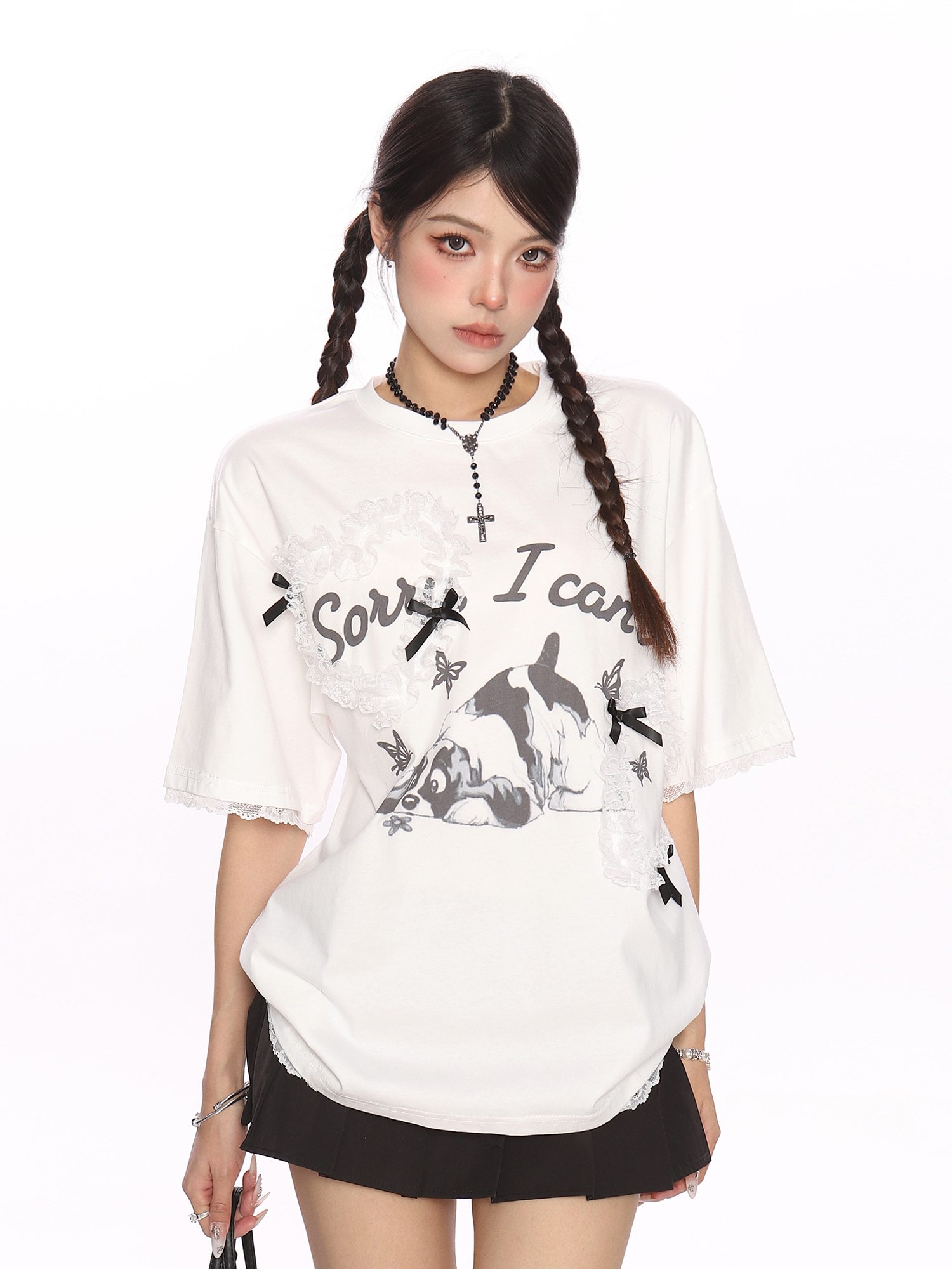 Fun Cartoon Dog Lace Trim Short Sleeve T-Shirt for Women - Summer Casual Top in Cute Y2K Style Fun Cartoon Dog Lace Trim Short Sleeve T-Shirt for Women - Summer Casual Top in Cute Y2K Style