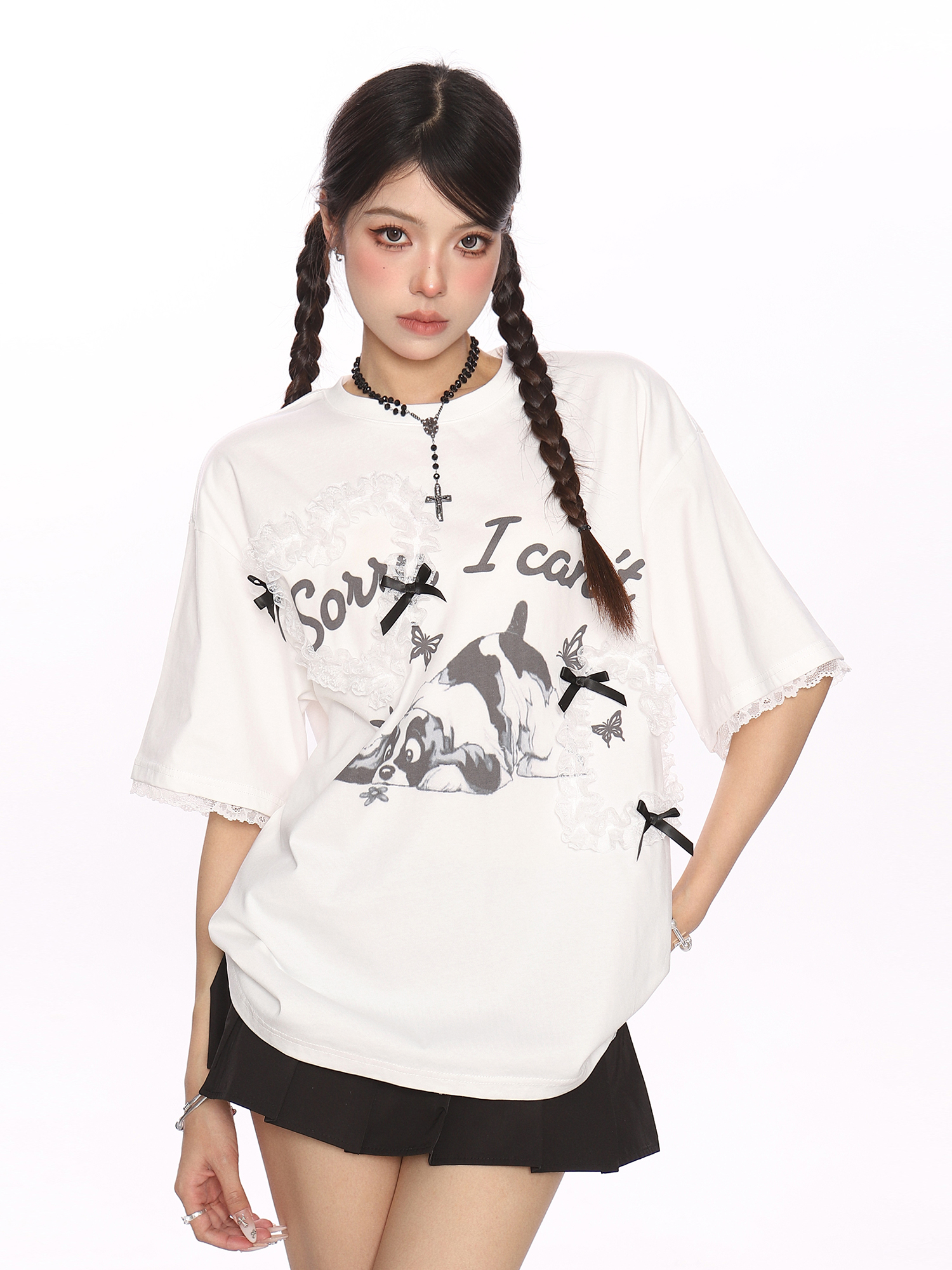 Fun Cartoon Dog Lace Trim Short Sleeve T-Shirt for Women - Summer Casual Top in Cute Y2K Style Fun Cartoon Dog Lace Trim Short Sleeve T-Shirt for Women - Summer Casual Top in Cute Y2K Style