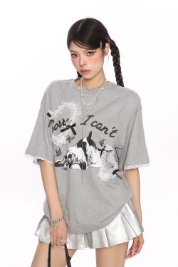 Fun Cartoon Dog Lace Trim Short Sleeve T-Shirt for Women - Summer Casual Top in Cute Y2K Style
