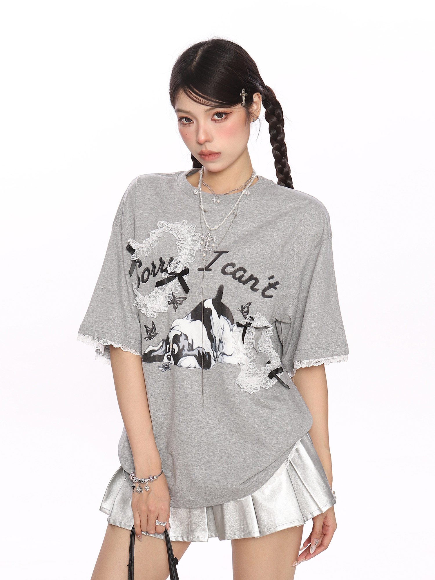 Fun Cartoon Dog Lace Trim Short Sleeve T-Shirt for Women - Summer Casual Top in Cute Y2K Style Fun Cartoon Dog Lace Trim Short Sleeve T-Shirt for Women - Summer Casual Top in Cute Y2K Style