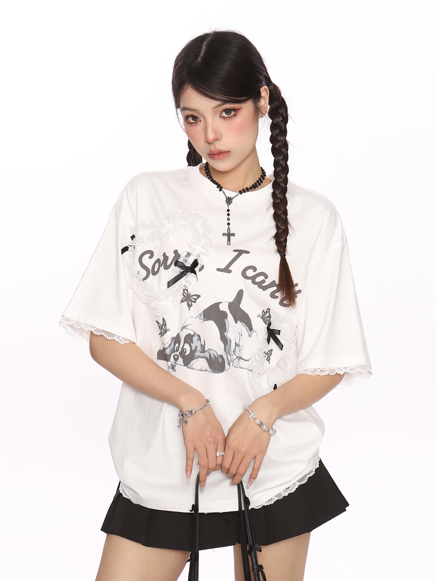 Fun Cartoon Dog Lace Trim Short Sleeve T-Shirt for Women - Summer Casual Top in Cute Y2K Style Fun Cartoon Dog Lace Trim Short Sleeve T-Shirt for Women - Summer Casual Top in Cute Y2K Style