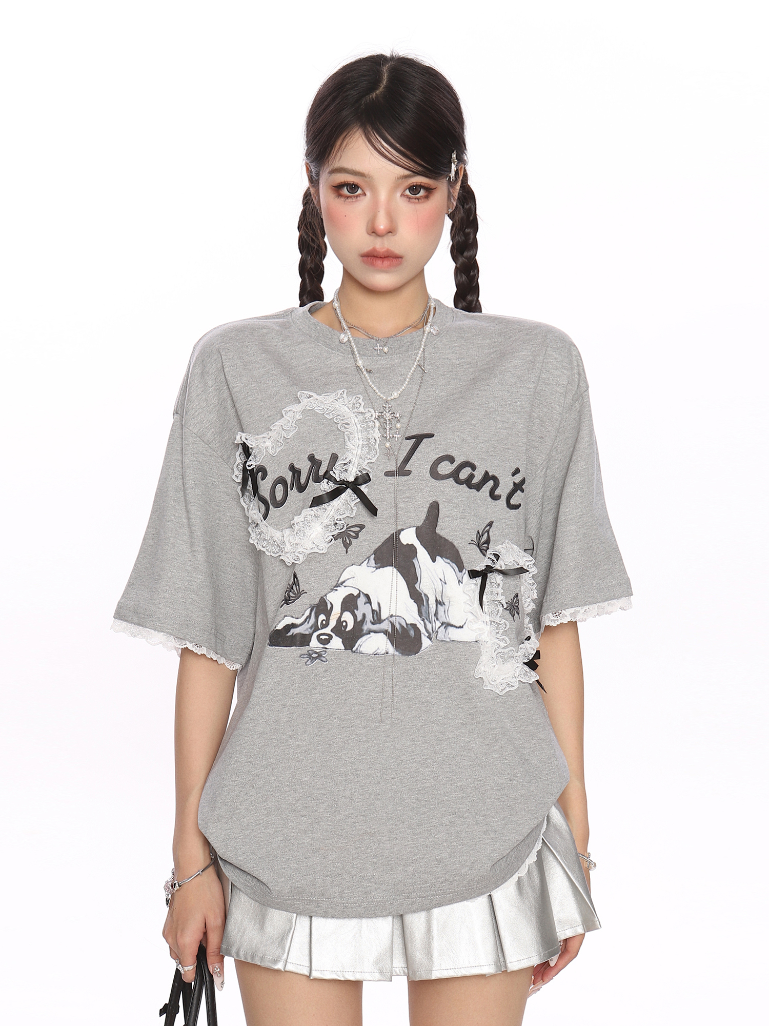 Fun Cartoon Dog Lace Trim Short Sleeve T-Shirt for Women - Summer Casual Top in Cute Y2K Style Fun Cartoon Dog Lace Trim Short Sleeve T-Shirt for Women - Summer Casual Top in Cute Y2K Style