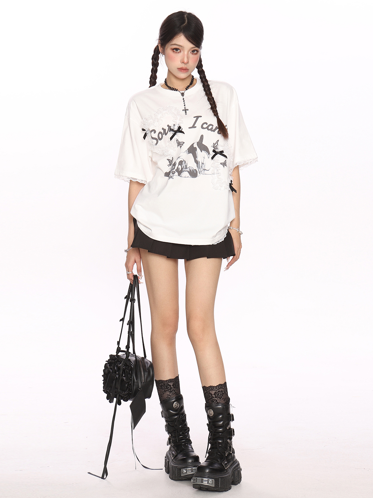 Fun Cartoon Dog Lace Trim Short Sleeve T-Shirt for Women - Summer Casual Top in Cute Y2K Style Fun Cartoon Dog Lace Trim Short Sleeve T-Shirt for Women - Summer Casual Top in Cute Y2K Style