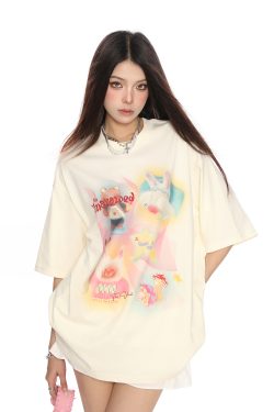 Fun Cartoon Print Graffiti Short Sleeve T-Shirt for Women - Casual Loose Summer Top in Trendy Lazy Style
