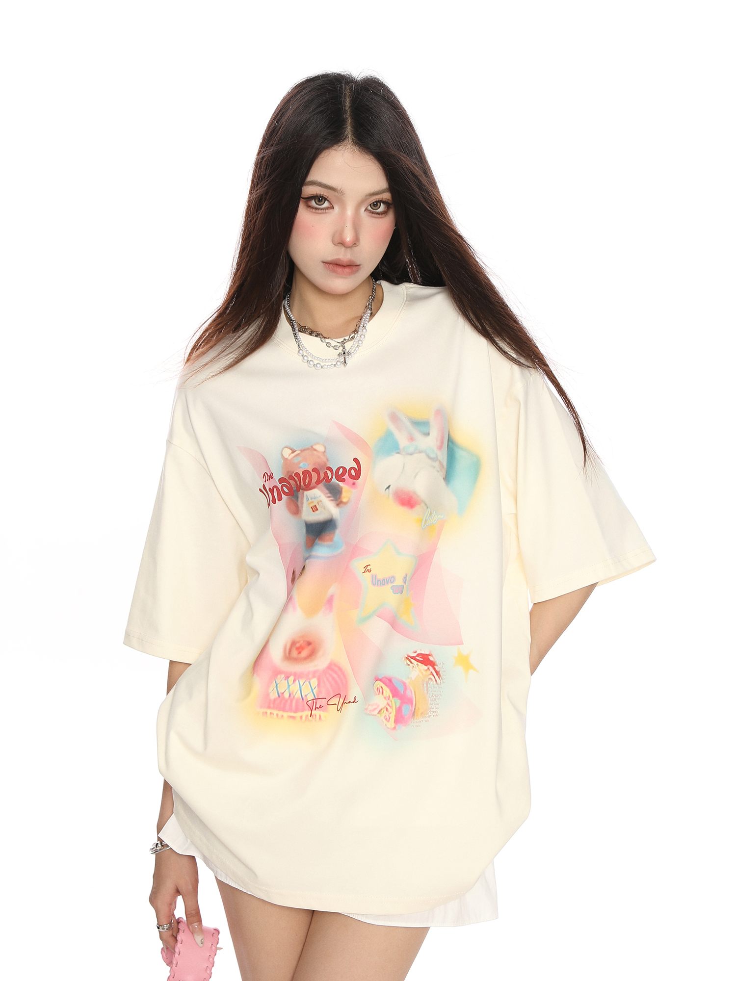 Fun Cartoon Print Graffiti Short Sleeve T-Shirt for Women - Casual Loose Summer Top in Trendy Lazy Style Fun Cartoon Print Graffiti Short Sleeve T-Shirt for Women - Casual Loose Summer Top in Trendy Lazy Style