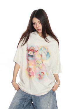 Fun Cartoon Print Graffiti Short Sleeve T-Shirt for Women - Casual Loose Summer Top in Trendy Lazy Style