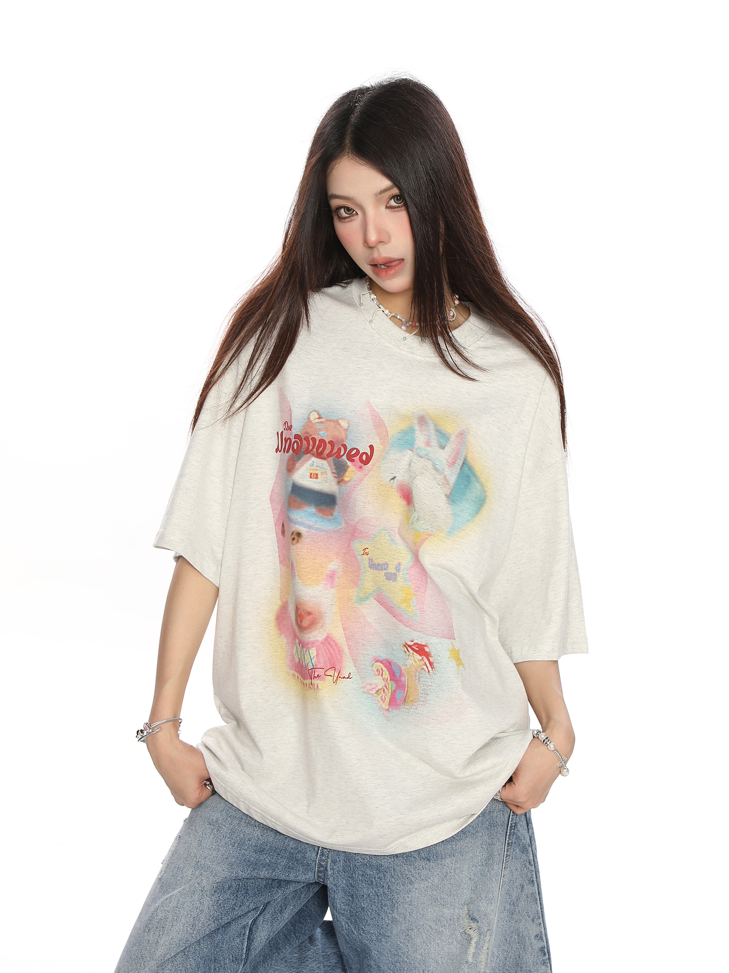 Fun Cartoon Print Graffiti Short Sleeve T-Shirt for Women - Casual Loose Summer Top in Trendy Lazy Style Fun Cartoon Print Graffiti Short Sleeve T-Shirt for Women - Casual Loose Summer Top in Trendy Lazy Style