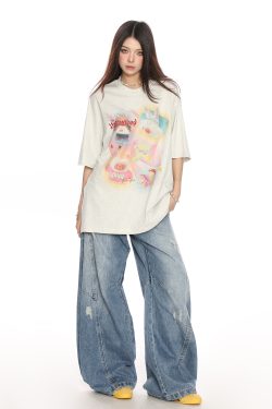 Fun Cartoon Print Graffiti Short Sleeve T-Shirt for Women - Casual Loose Summer Top in Trendy Lazy Style