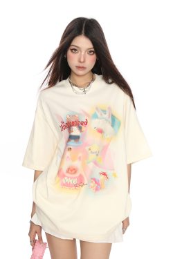 Fun Cartoon Print Graffiti Short Sleeve T-Shirt for Women - Casual Loose Summer Top in Trendy Lazy Style