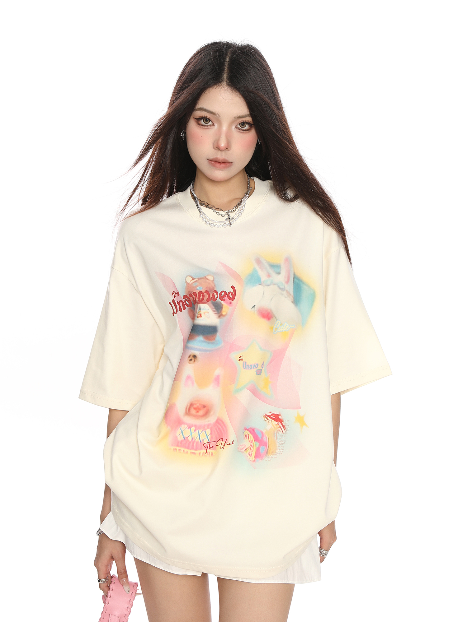 Fun Cartoon Print Graffiti Short Sleeve T-Shirt for Women - Casual Loose Summer Top in Trendy Lazy Style Fun Cartoon Print Graffiti Short Sleeve T-Shirt for Women - Casual Loose Summer Top in Trendy Lazy Style