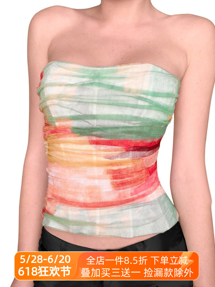 Gradient Color Strapless Backless Holiday Top for Women - Waist-Cinching Mesh Camisole, Perfect for Summer and 90s Style Gradient Color Strapless Backless Holiday Top for Women - Waist-Cinching Mesh Camisole, Perfect for Summer and 90s Style