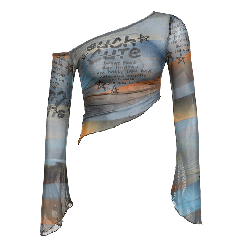 Gradient Off-Shoulder Long Sleeve Mesh T-Shirt for Women with Letter Print and Flared Sleeves - Trendy Y2K Style Top Gradient Off-Shoulder Long Sleeve Mesh T-Shirt for Women with Letter Print and Flared Sleeves - Trendy Y2K Style Top