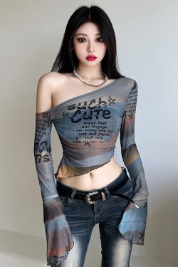 Gradient Off-Shoulder Long Sleeve Mesh T-Shirt for Women with Letter Print and Flared Sleeves - Trendy Y2K Style Top