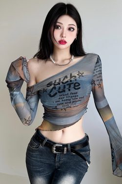 Gradient Off-Shoulder Long Sleeve Mesh T-Shirt for Women with Letter Print and Flared Sleeves - Trendy Y2K Style Top