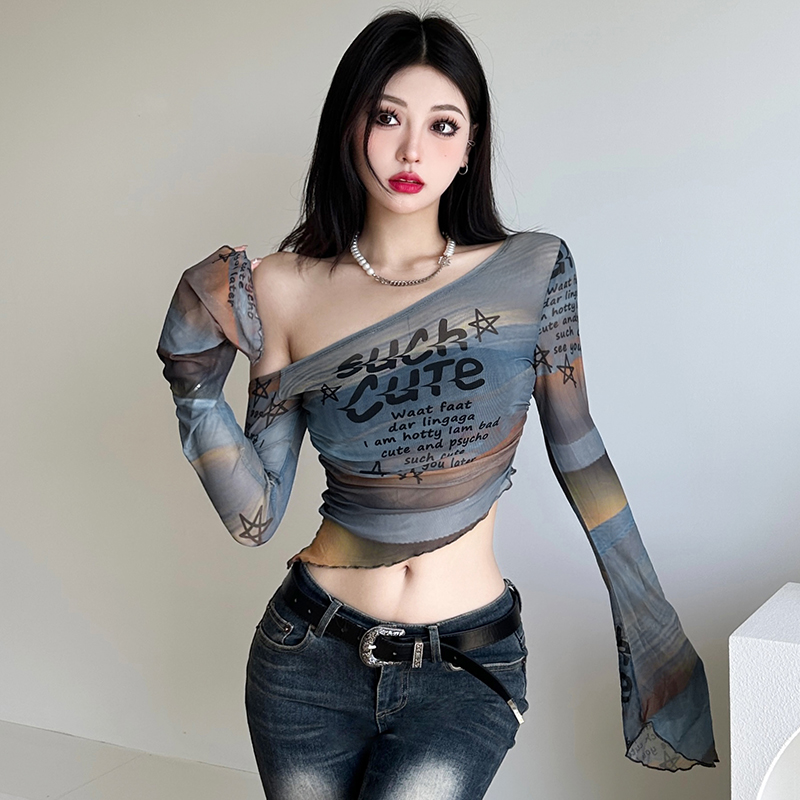 Gradient Off-Shoulder Long Sleeve Mesh T-Shirt for Women with Letter Print and Flared Sleeves - Trendy Y2K Style Top Gradient Off-Shoulder Long Sleeve Mesh T-Shirt for Women with Letter Print and Flared Sleeves - Trendy Y2K Style Top