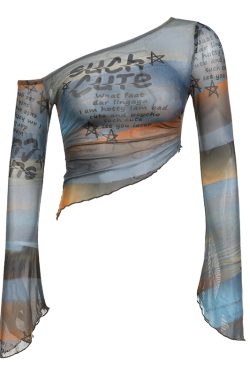 Gradient Off-Shoulder Long Sleeve Mesh T-Shirt for Women with Letter Print and Flared Sleeves - Trendy Y2K Style Top