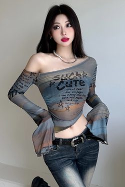 Gradient Off-Shoulder Long Sleeve Mesh T-Shirt for Women with Letter Print and Flared Sleeves - Trendy Y2K Style Top