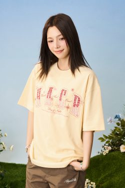 Gradient Woven Patch Embroidery Loose Round Neck Short Sleeve T-Shirt for Men and Women - 90s Inspired Unisex Fashion Top