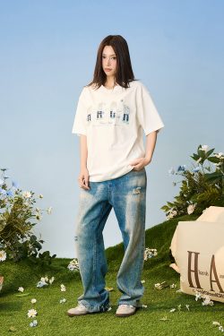 Gradient Woven Patch Embroidery Loose Round Neck Short Sleeve T-Shirt for Men and Women - 90s Inspired Unisex Fashion Top