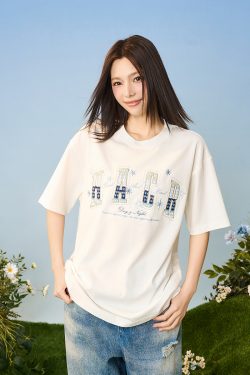 Gradient Woven Patch Embroidery Loose Round Neck Short Sleeve T-Shirt for Men and Women - 90s Inspired Unisex Fashion Top