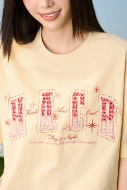 Gradient Woven Patch Embroidery Loose Round Neck Short Sleeve T-Shirt for Men and Women - 90s Inspired Unisex Fashion Top