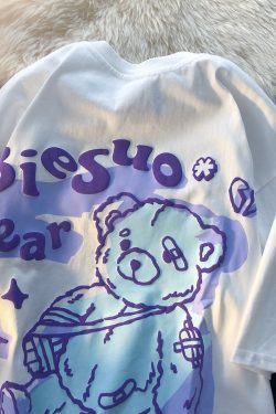 Graffiti Bear Short Sleeve T-Shirt for Men and Women - Plus Size Loose Fit Pure Cotton Casual Couple Tee