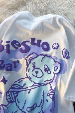 Graffiti Bear Short Sleeve T-Shirt for Men and Women - Plus Size Loose Fit Pure Cotton Casual Couple Tee