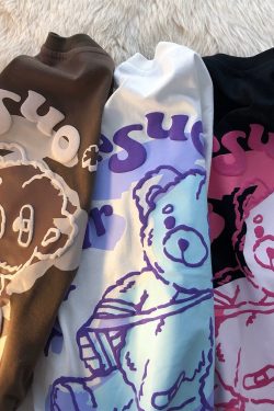 Graffiti Bear Short Sleeve T-Shirt for Men and Women - Plus Size Loose Fit Pure Cotton Casual Couple Tee